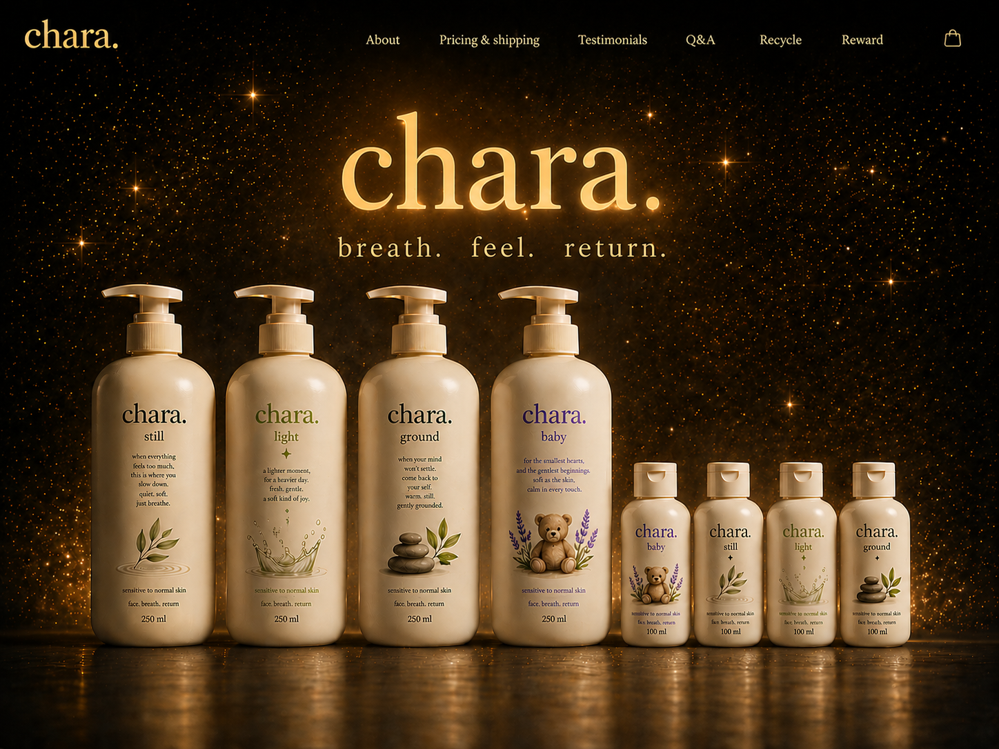 CHARA luxury bodycare collection — still, light, ground, baby
